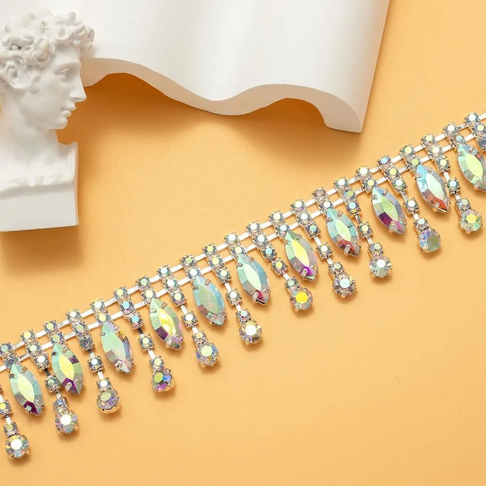 1 Yard Rhinestone Tassel Chain Trim, Crystal Close Chain Applique, for Sewing Crafts Wedding Bridal Party Christmas DIY Decoration