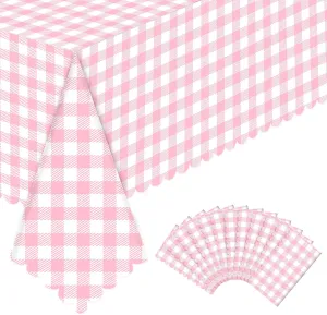 12 Pack Pink Gingham Tablecloth, 54 X 108Inch Plastic Pink Table Checkered Tablecloth Waterproof Pink and White Spring Checkered Tablecloths for Mothday’s Day Picnic Birthday Barbecue Parties