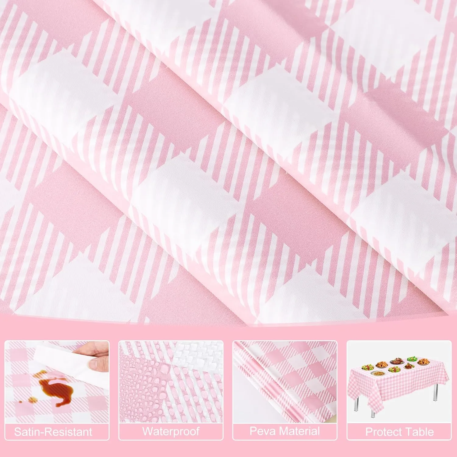 12 Pack Pink Gingham Tablecloth, 54 X 108Inch Plastic Pink Table Checkered Tablecloth Waterproof Pink and White Spring Checkered Tablecloths for Mothday’s Day Picnic Birthday Barbecue Parties