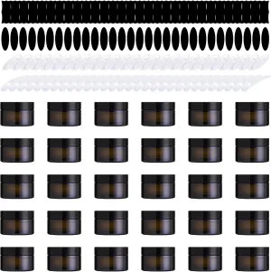 120Pcs 20g Amber Glass Jars Assortment Kit with Inner Liners and Black Lids, Spoons and blank labels for Storing Lip and Body Scrub, Lotion, Body Butter, Bath Salts