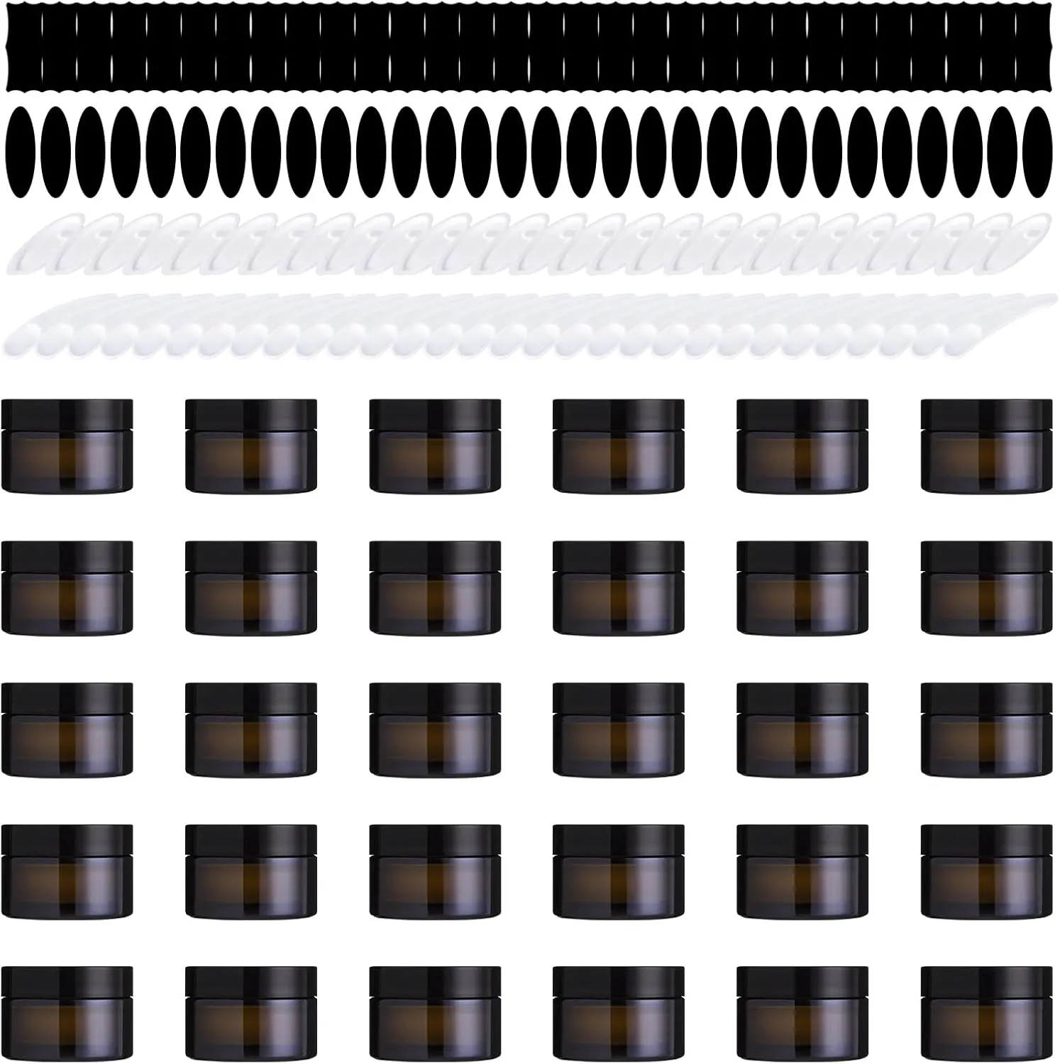 120Pcs 20g Amber Glass Jars Assortment Kit with Inner Liners and Black Lids, Spoons and blank labels for Storing Lip and Body Scrub, Lotion, Body Butter, Bath Salts
