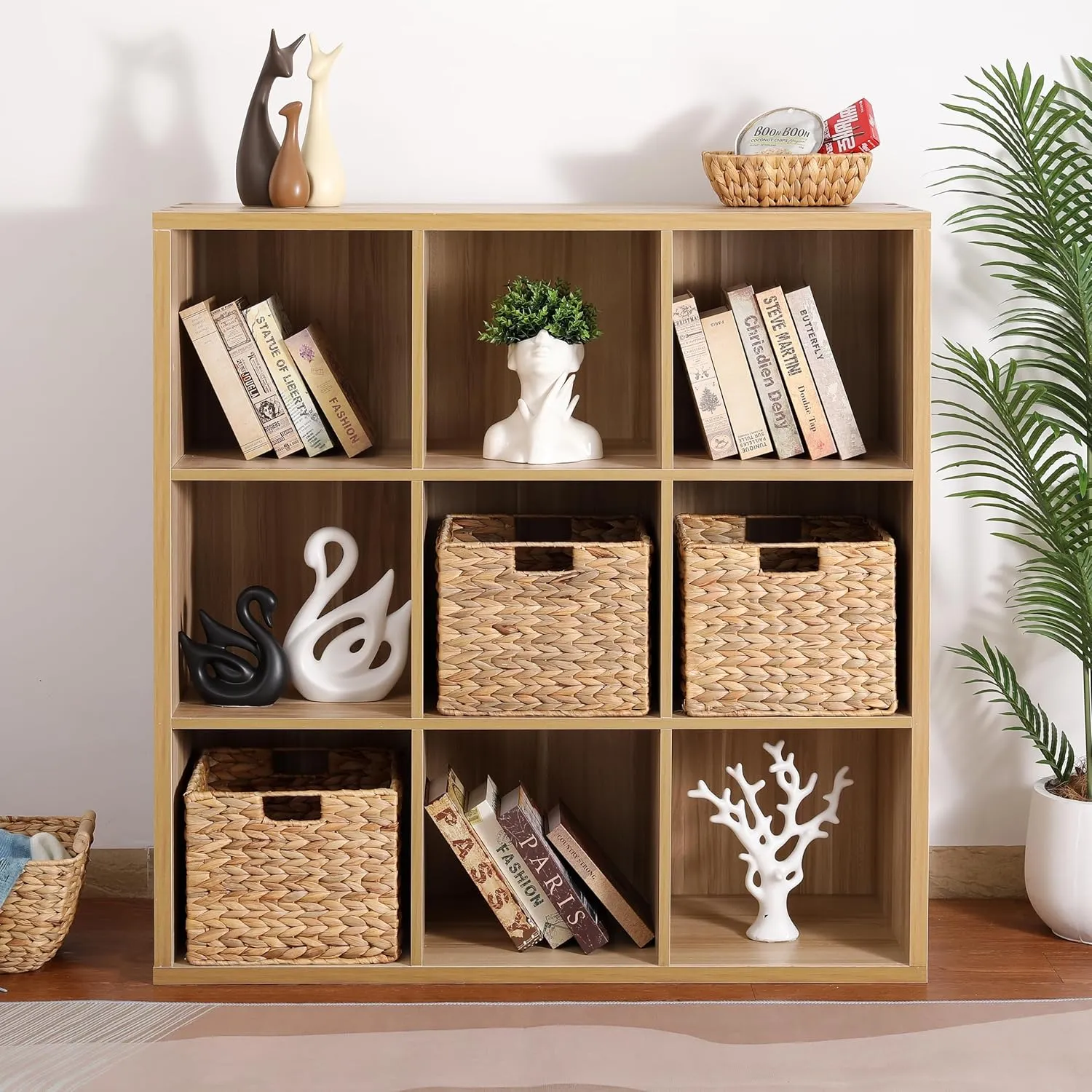 12x12x10 Water Hyacinth Folding Cube Wicker Storage Basket for Shelves, Pantry, Kitchen Organization and Storage