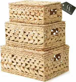 14in Wicker Storage Baskets with Lids, Set of 3 Natural Water Hyacinth Decorative Boxes for Shelf, Woven Lidded Baskets for Organizing, Rattan Storage Box, Nesting Baskets with Lids