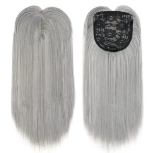 14" Shoulder-Length Straight Toupee Clip in Forehead Hairpiece for Thinning Hair Grey