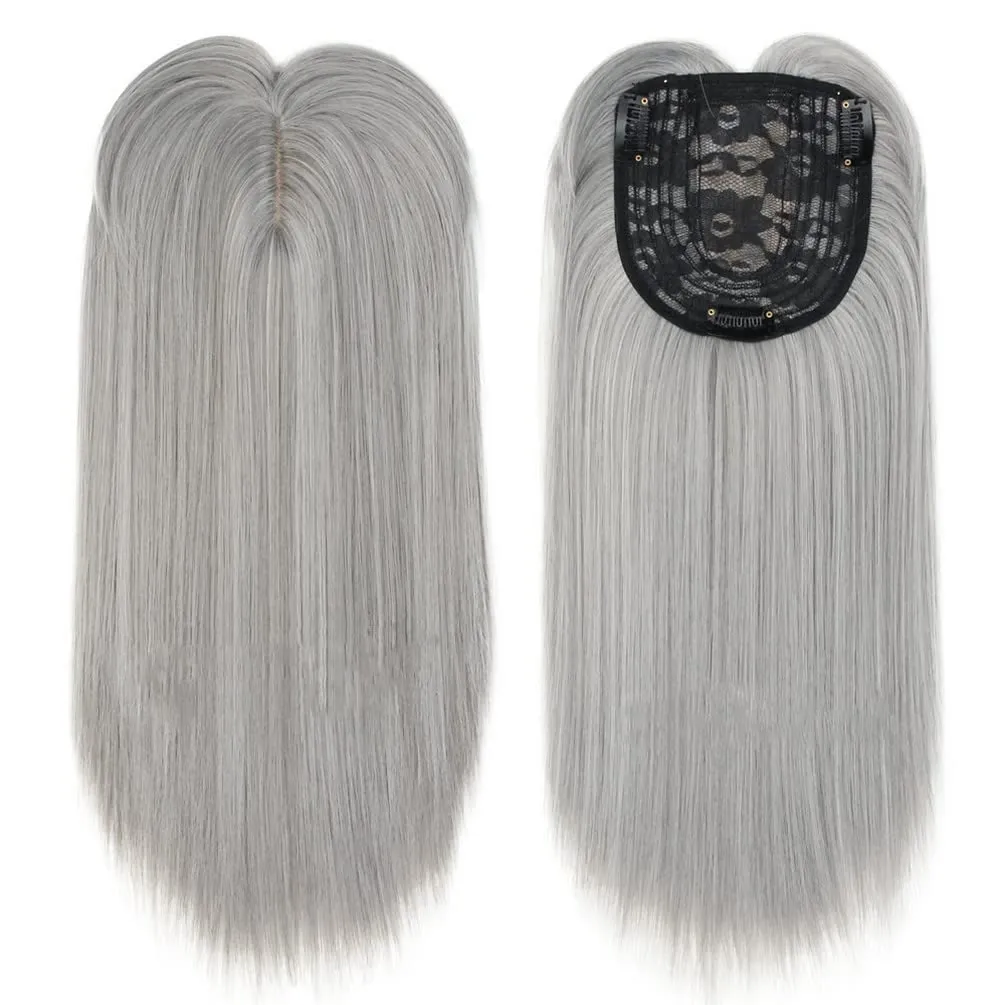 14" Shoulder-Length Straight Toupee Clip in Forehead Hairpiece for Thinning Hair Grey