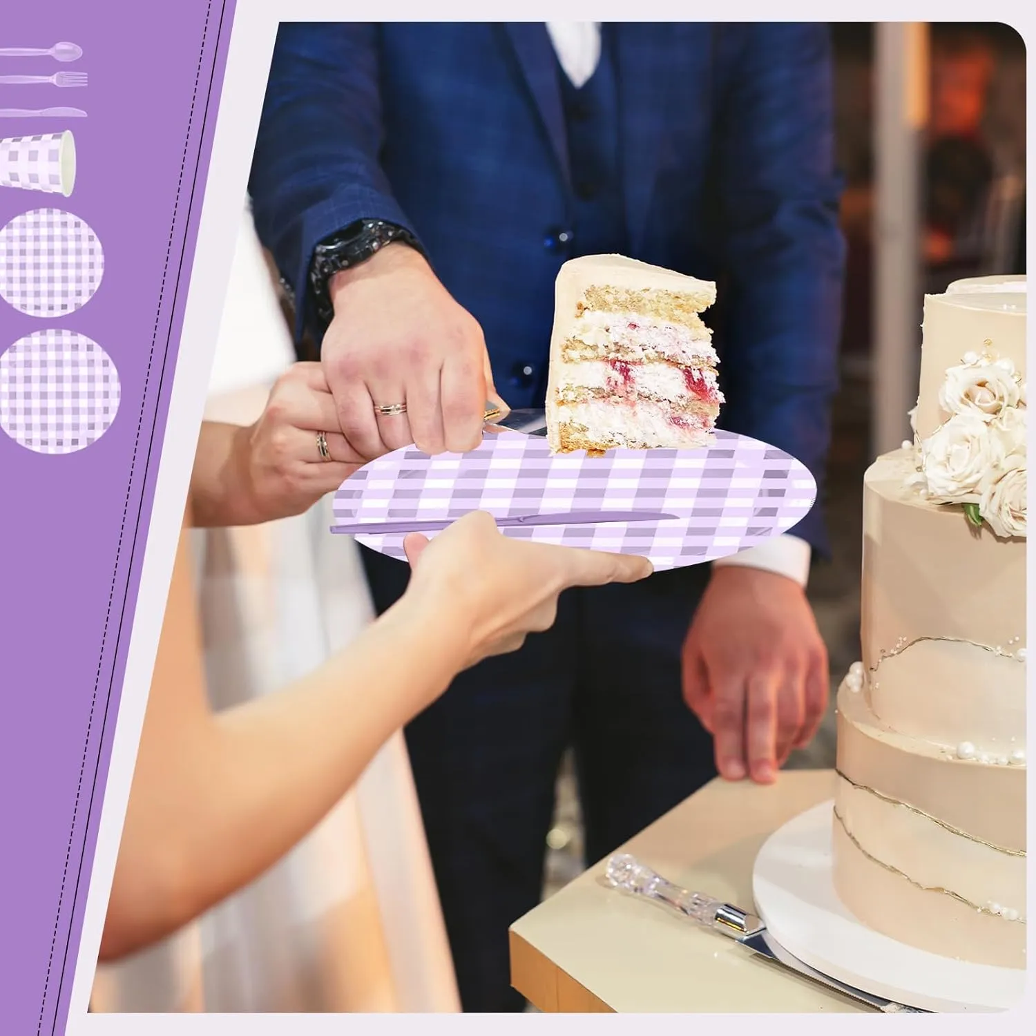 168 Pcs Gingham Party Supplies for 24 Guests Paper Plates Knives Spoons Forks Napkins Cups Disposable Set Cutlery for Checkered Dinner Wedding Party Favor(Purple Posse)