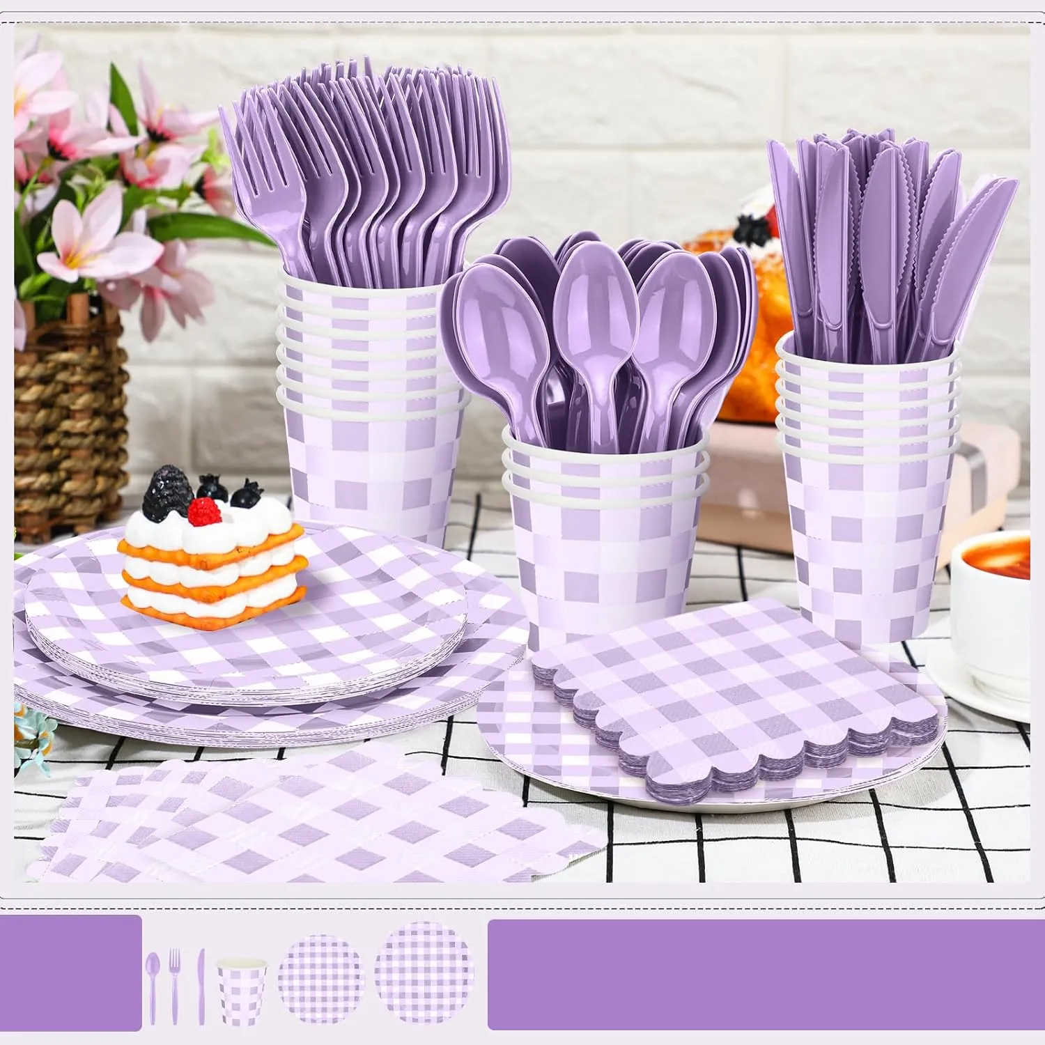 168 Pcs Gingham Party Supplies for 24 Guests Paper Plates Knives Spoons Forks Napkins Cups Disposable Set Cutlery for Checkered Dinner Wedding Party Favor(Purple Posse)