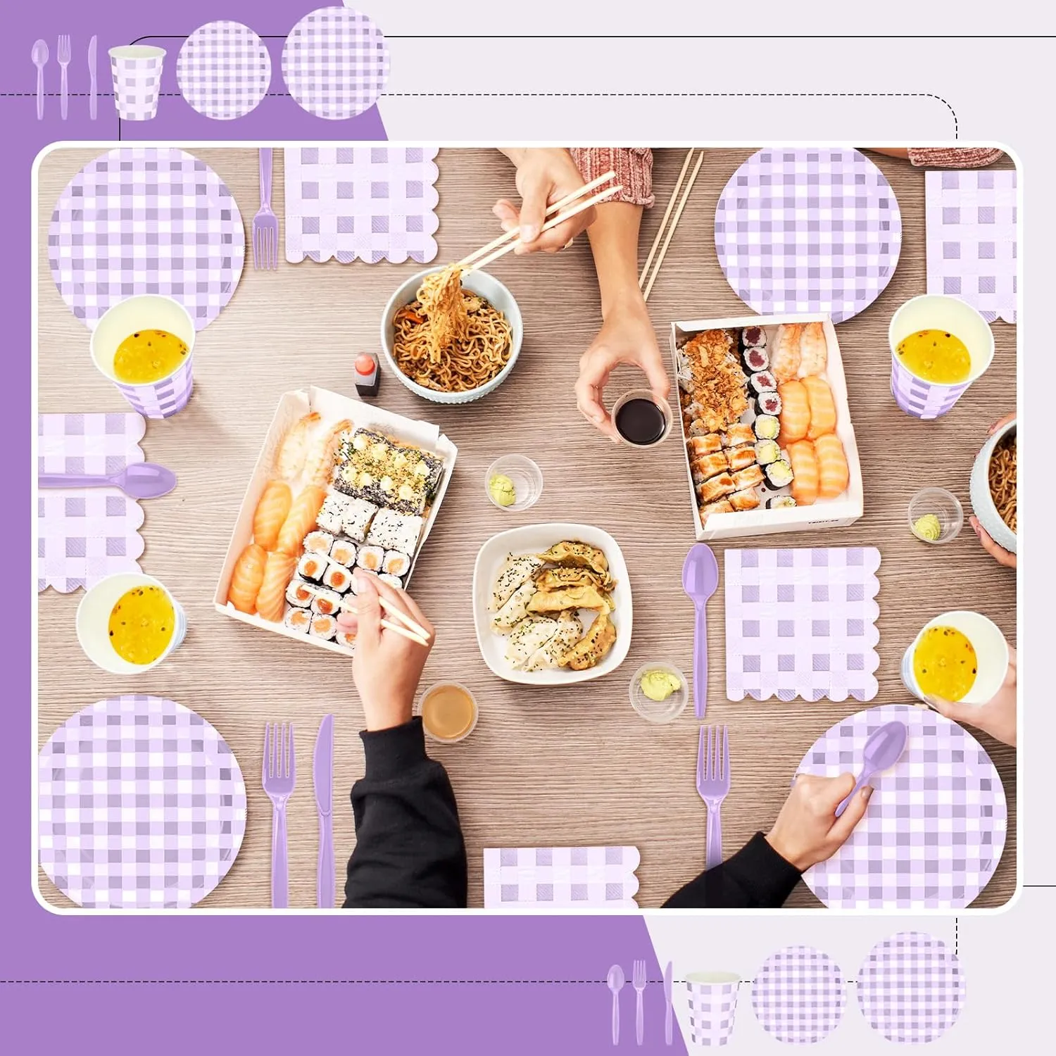 168 Pcs Gingham Party Supplies for 24 Guests Paper Plates Knives Spoons Forks Napkins Cups Disposable Set Cutlery for Checkered Dinner Wedding Party Favor(Purple Posse)