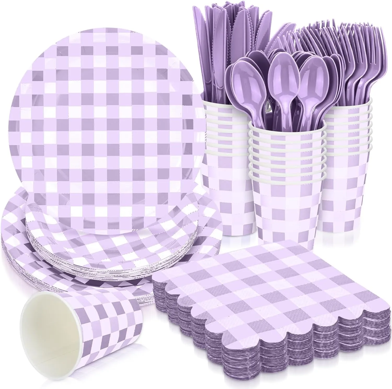168 Pcs Gingham Party Supplies for 24 Guests Paper Plates Knives Spoons Forks Napkins Cups Disposable Set Cutlery for Checkered Dinner Wedding Party Favor(Purple Posse)