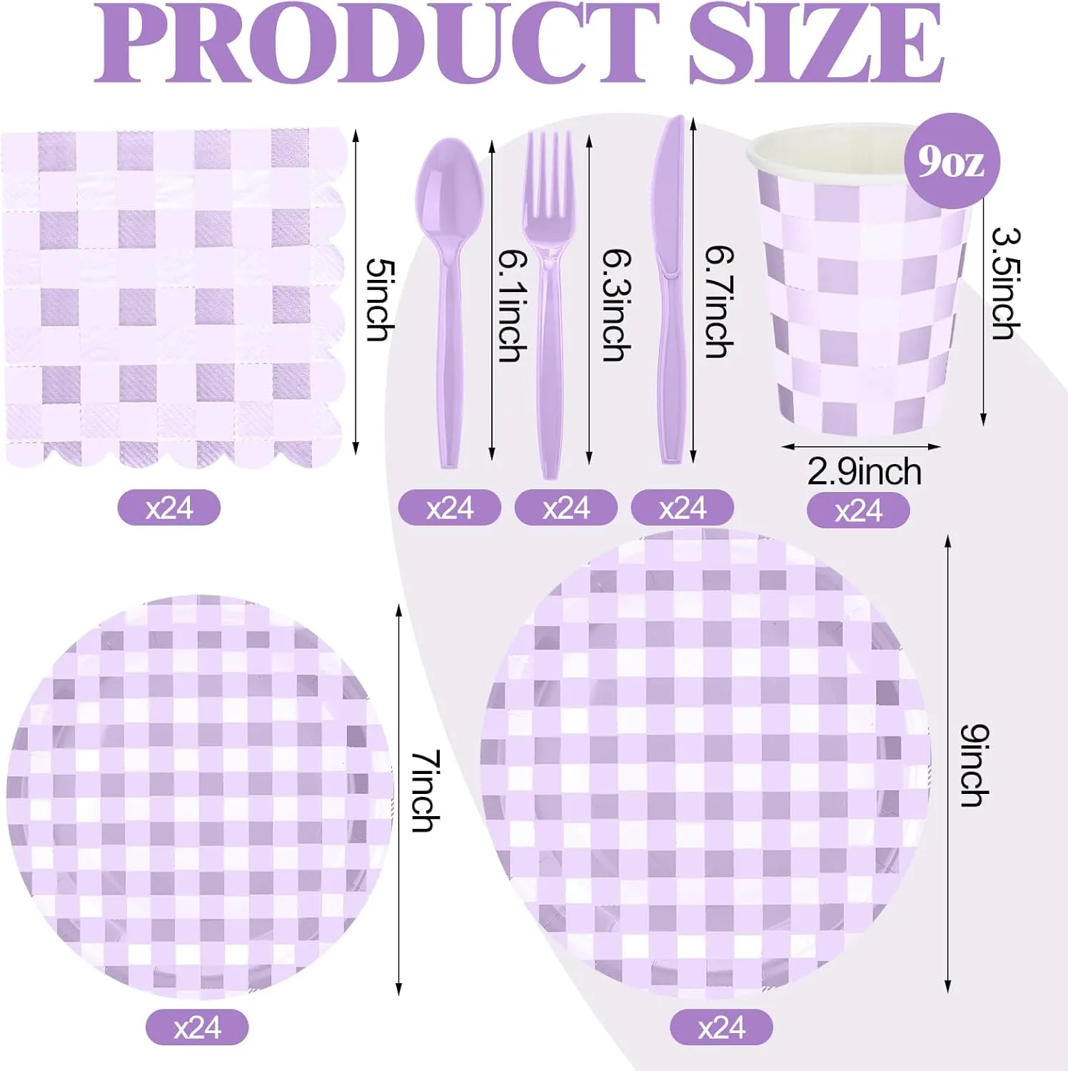 168 Pcs Gingham Party Supplies for 24 Guests Paper Plates Knives Spoons Forks Napkins Cups Disposable Set Cutlery for Checkered Dinner Wedding Party Favor(Purple Posse)