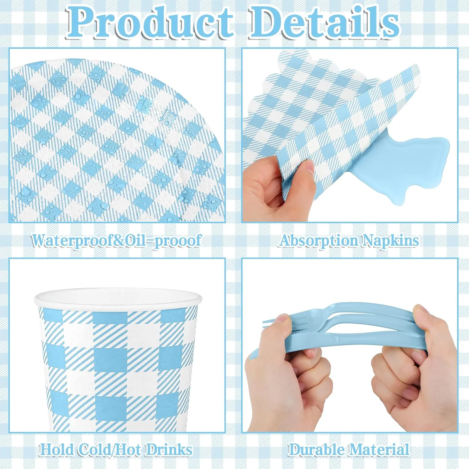 175 Pcs Gingham Party Supplies Include Light Blue Gingham Plates and Napkins Cups Plastic Cutlery Disposable Blue Checkered Plates Set for Picnic, Baby Shower, Wedding