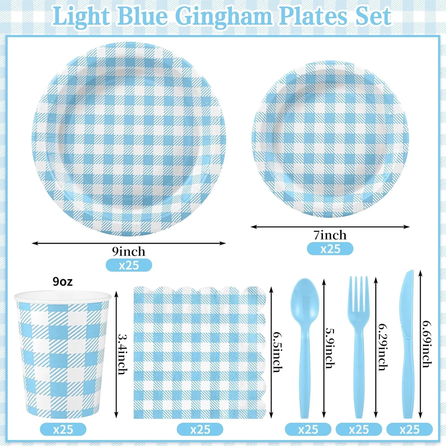 175 Pcs Gingham Party Supplies Include Light Blue Gingham Plates and Napkins Cups Plastic Cutlery Disposable Blue Checkered Plates Set for Picnic, Baby Shower, Wedding