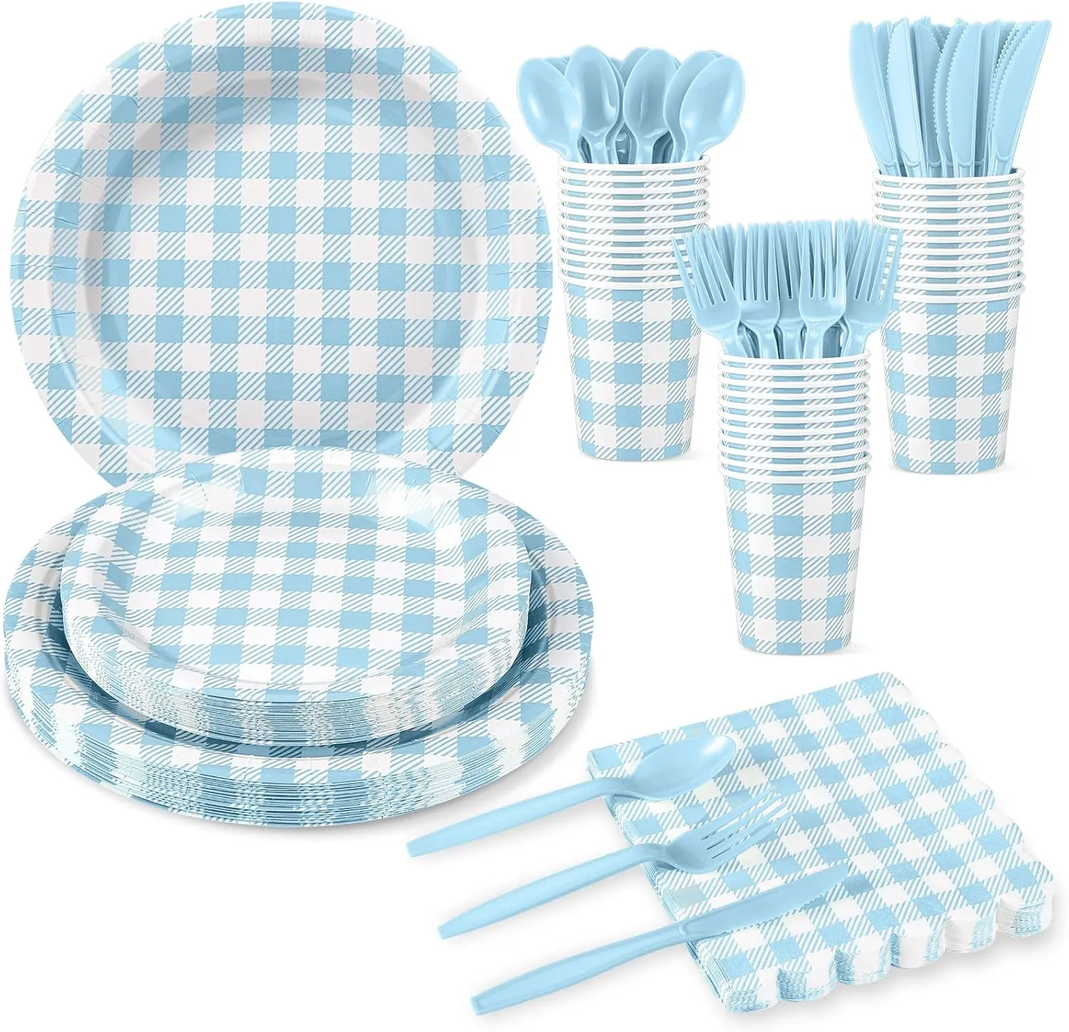 175 Pcs Gingham Party Supplies Include Light Blue Gingham Plates and Napkins Cups Plastic Cutlery Disposable Blue Checkered Plates Set for Picnic, Baby Shower, Wedding