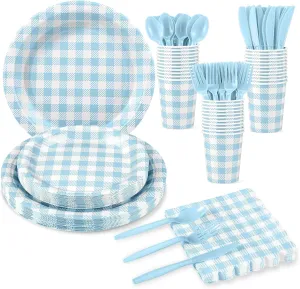 175 Pcs Gingham Party Supplies Include Light Blue Gingham Plates and Napkins Cups Plastic Cutlery Disposable Blue Checkered Plates Set for Picnic, Baby Shower, Wedding
