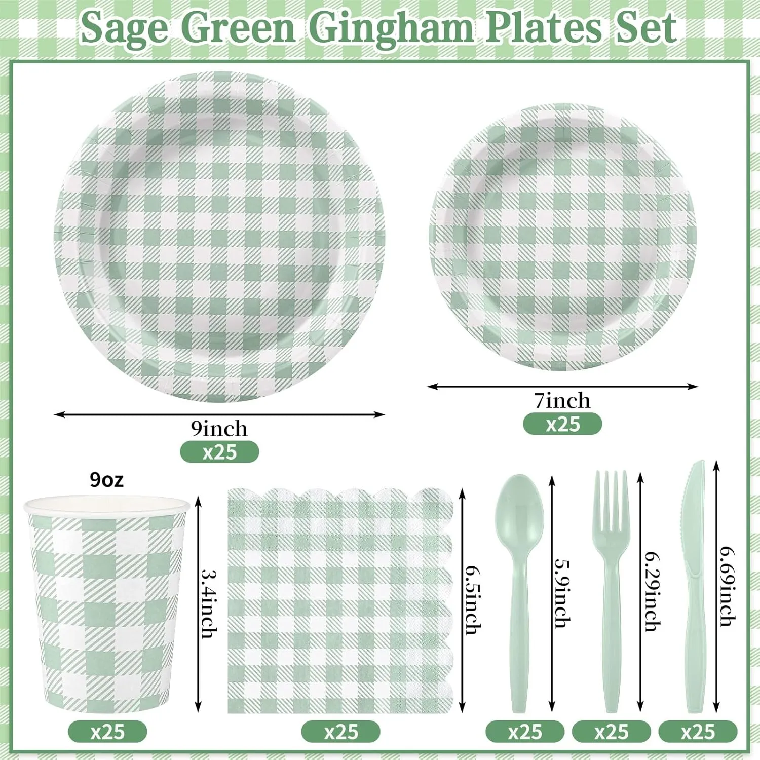175 Pcs Gingham Party Supplies Include Sage Green Gingham Plates and Napkins Cups Plastic Cutlery Disposable Green Checkered Plates Set for Picnic, Baby Shower, Wedding