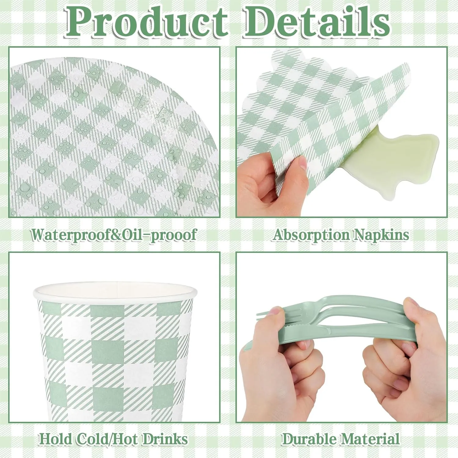 175 Pcs Gingham Party Supplies Include Sage Green Gingham Plates and Napkins Cups Plastic Cutlery Disposable Green Checkered Plates Set for Picnic, Baby Shower, Wedding