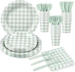175 Pcs Gingham Party Supplies Include Sage Green Gingham Plates and Napkins Cups Plastic Cutlery Disposable Green Checkered Plates Set for Picnic, Baby Shower, Wedding