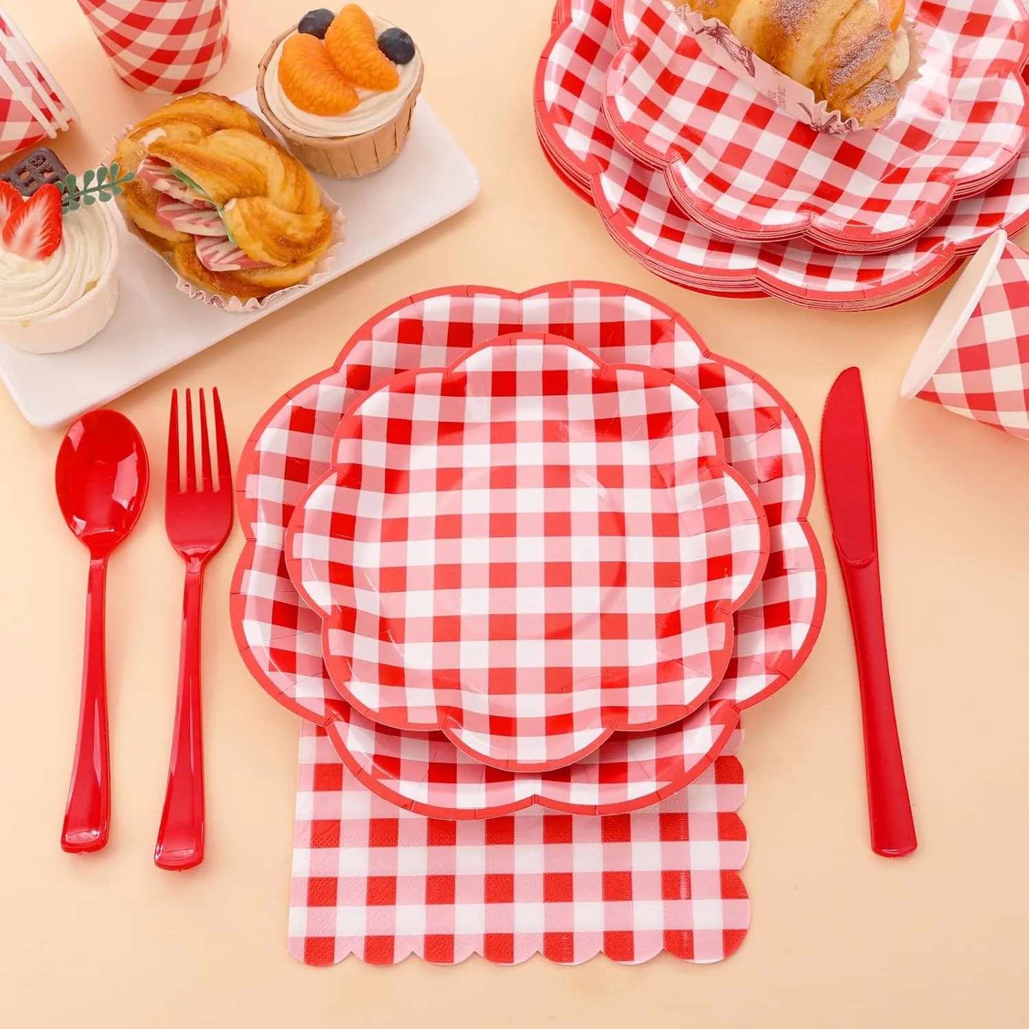 175 Pcs Red Gingham Plates and Napkins Party Supplies - Red and White Checkered Plates Sets Serve 25 Guests - Scalloped Gingham Paper Plate for Birthday Picnic Mother's Day Party Decorations