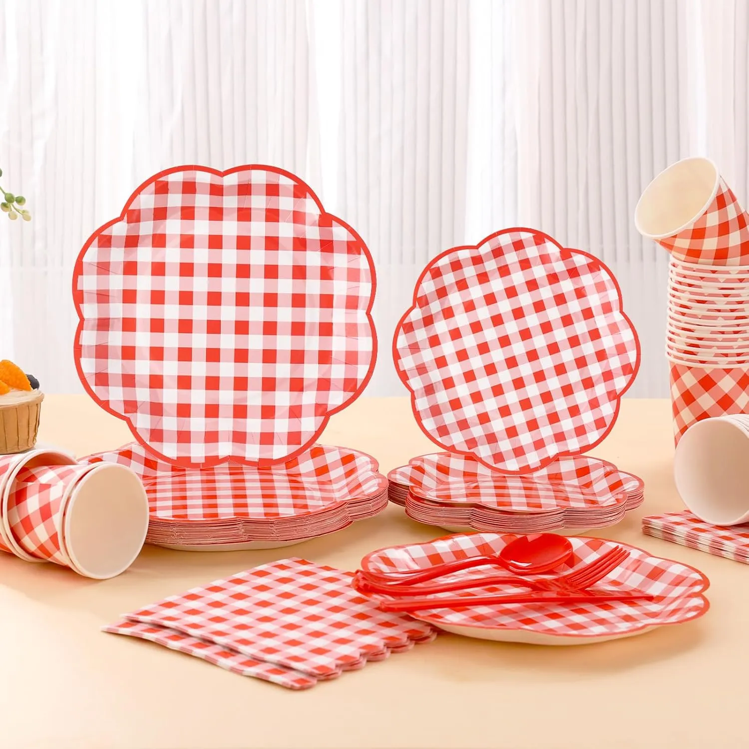175 Pcs Red Gingham Plates and Napkins Party Supplies - Red and White Checkered Plates Sets Serve 25 Guests - Scalloped Gingham Paper Plate for Birthday Picnic Mother's Day Party Decorations