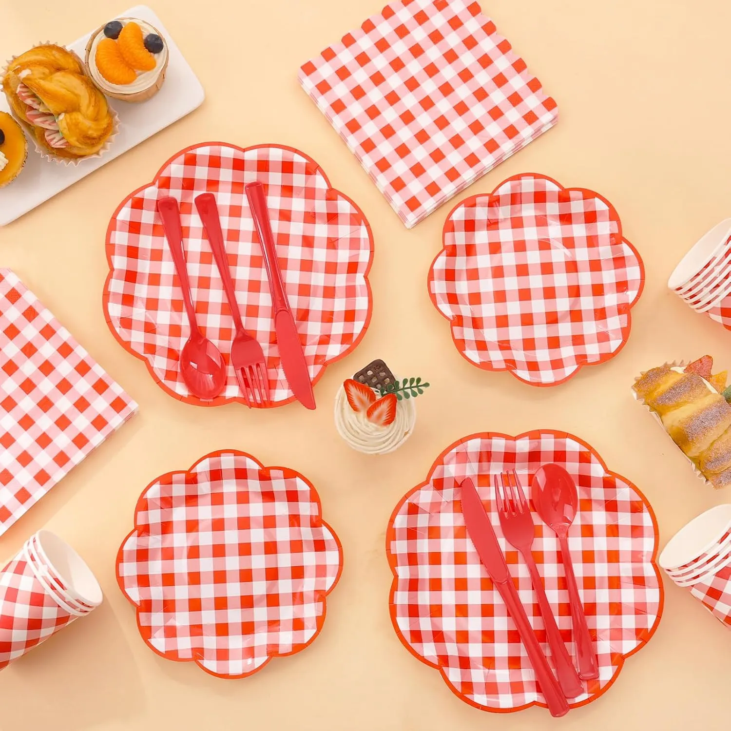 175 Pcs Red Gingham Plates and Napkins Party Supplies - Red and White Checkered Plates Sets Serve 25 Guests - Scalloped Gingham Paper Plate for Birthday Picnic Mother's Day Party Decorations
