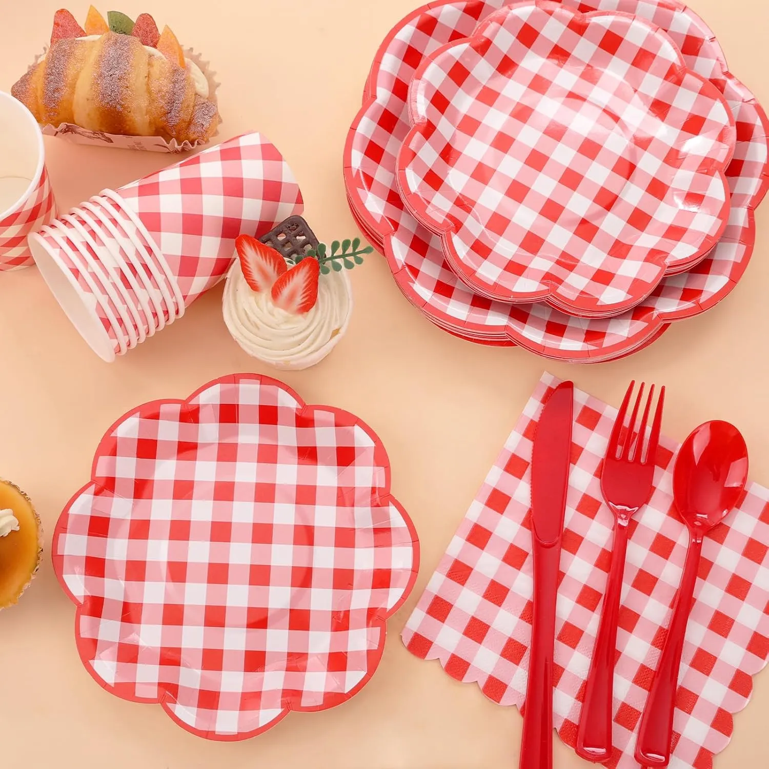 175 Pcs Red Gingham Plates and Napkins Party Supplies - Red and White Checkered Plates Sets Serve 25 Guests - Scalloped Gingham Paper Plate for Birthday Picnic Mother's Day Party Decorations