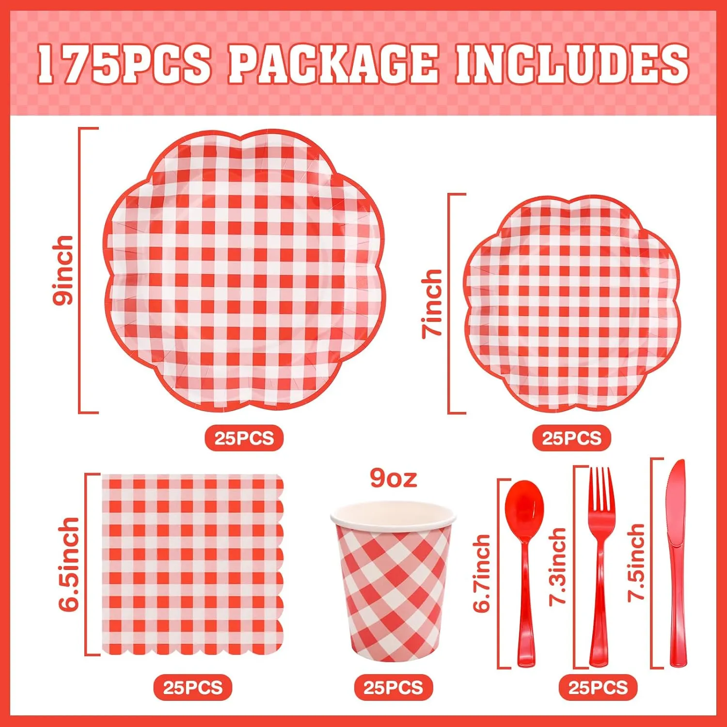 175 Pcs Red Gingham Plates and Napkins Party Supplies - Red and White Checkered Plates Sets Serve 25 Guests - Scalloped Gingham Paper Plate for Birthday Picnic Mother's Day Party Decorations