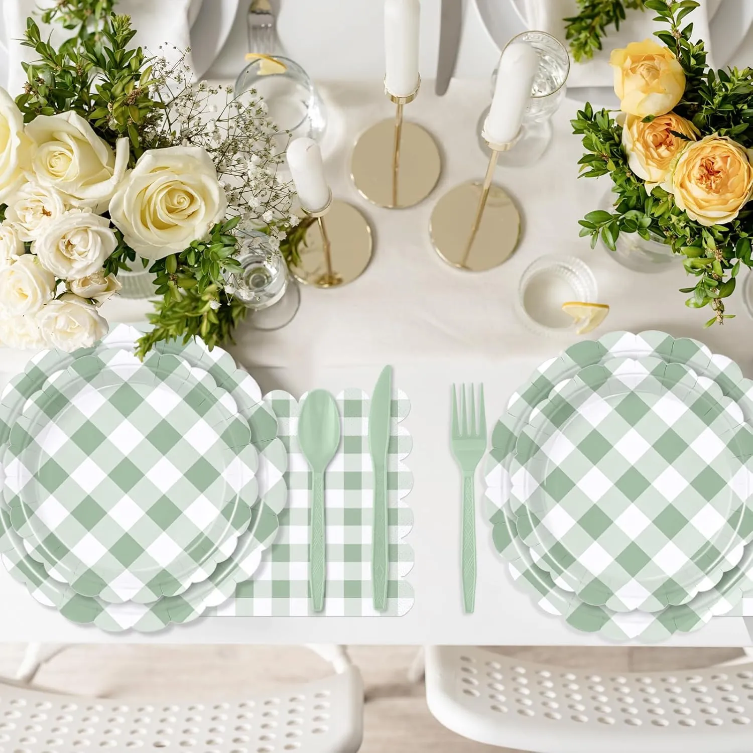 175 Pcs Sage Scalloped Gingham Party Supplies for 25 Guests, Sage and White Checkered Paper Plates, Cups and Napkins Sets for Baby & Bridal Shower, Wedding, Birthday Party, Outdoor Picnic