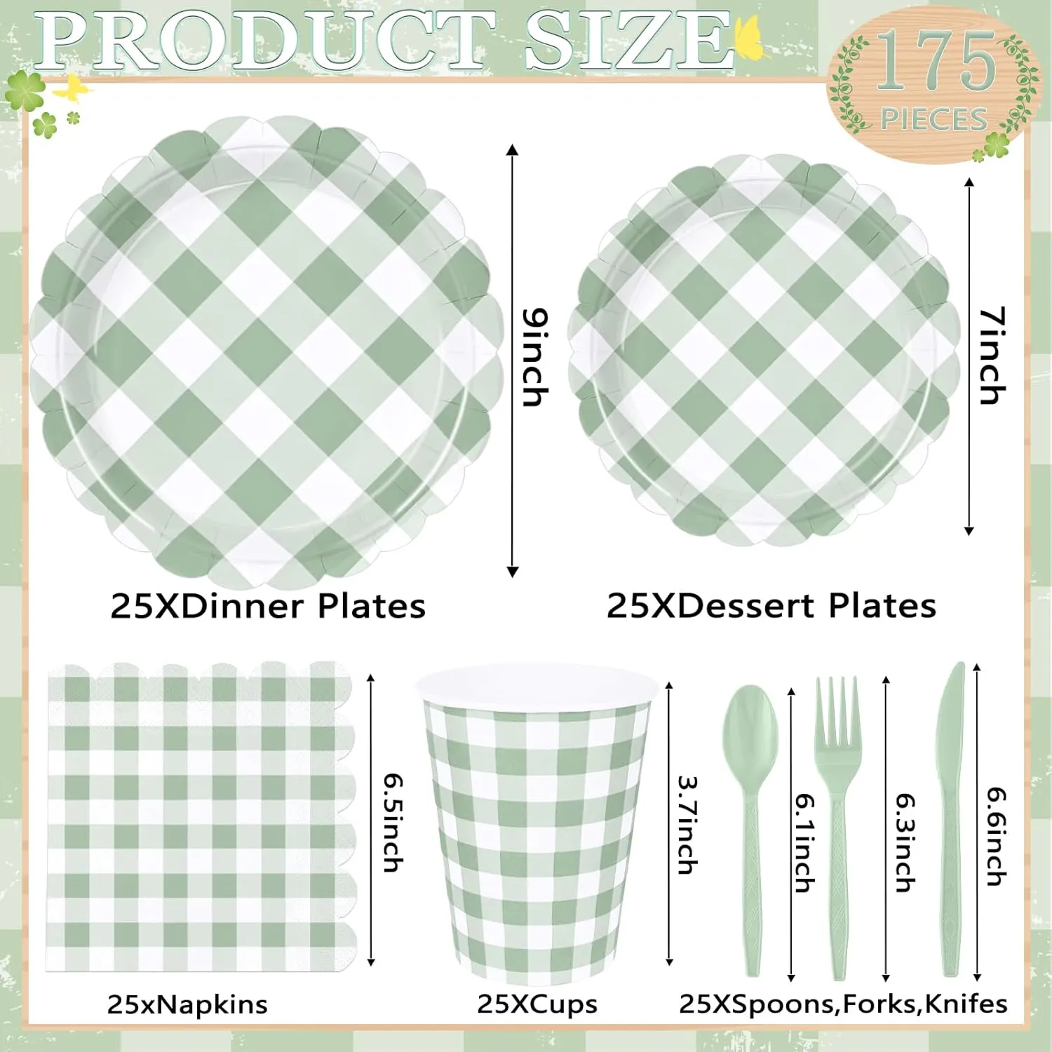 175 Pcs Sage Scalloped Gingham Party Supplies for 25 Guests, Sage and White Checkered Paper Plates, Cups and Napkins Sets for Baby & Bridal Shower, Wedding, Birthday Party, Outdoor Picnic