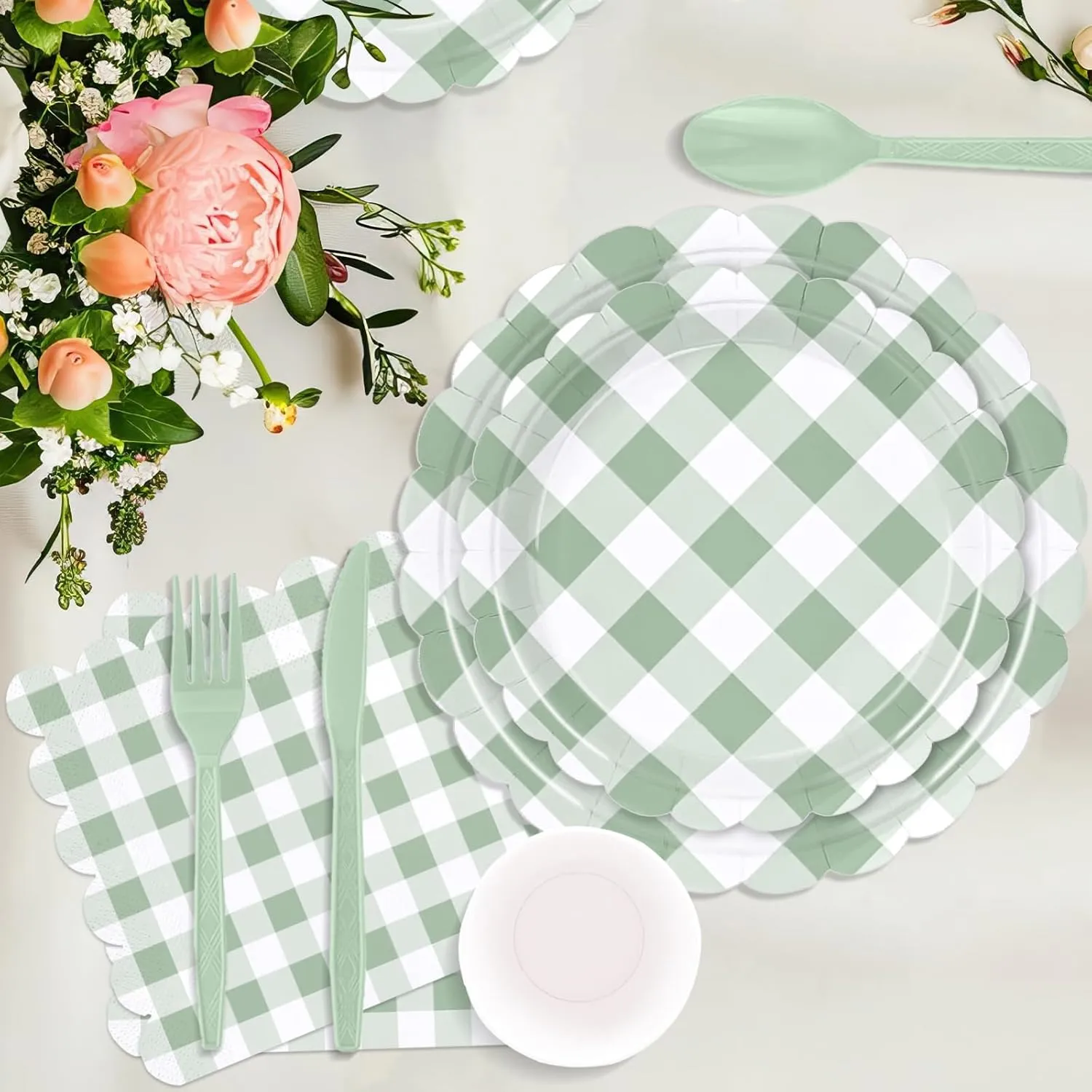 175 Pcs Sage Scalloped Gingham Party Supplies for 25 Guests, Sage and White Checkered Paper Plates, Cups and Napkins Sets for Baby & Bridal Shower, Wedding, Birthday Party, Outdoor Picnic