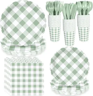 175 Pcs Sage Scalloped Gingham Party Supplies for 25 Guests, Sage and White Checkered Paper Plates, Cups and Napkins Sets for Baby & Bridal Shower, Wedding, Birthday Party, Outdoor Picnic