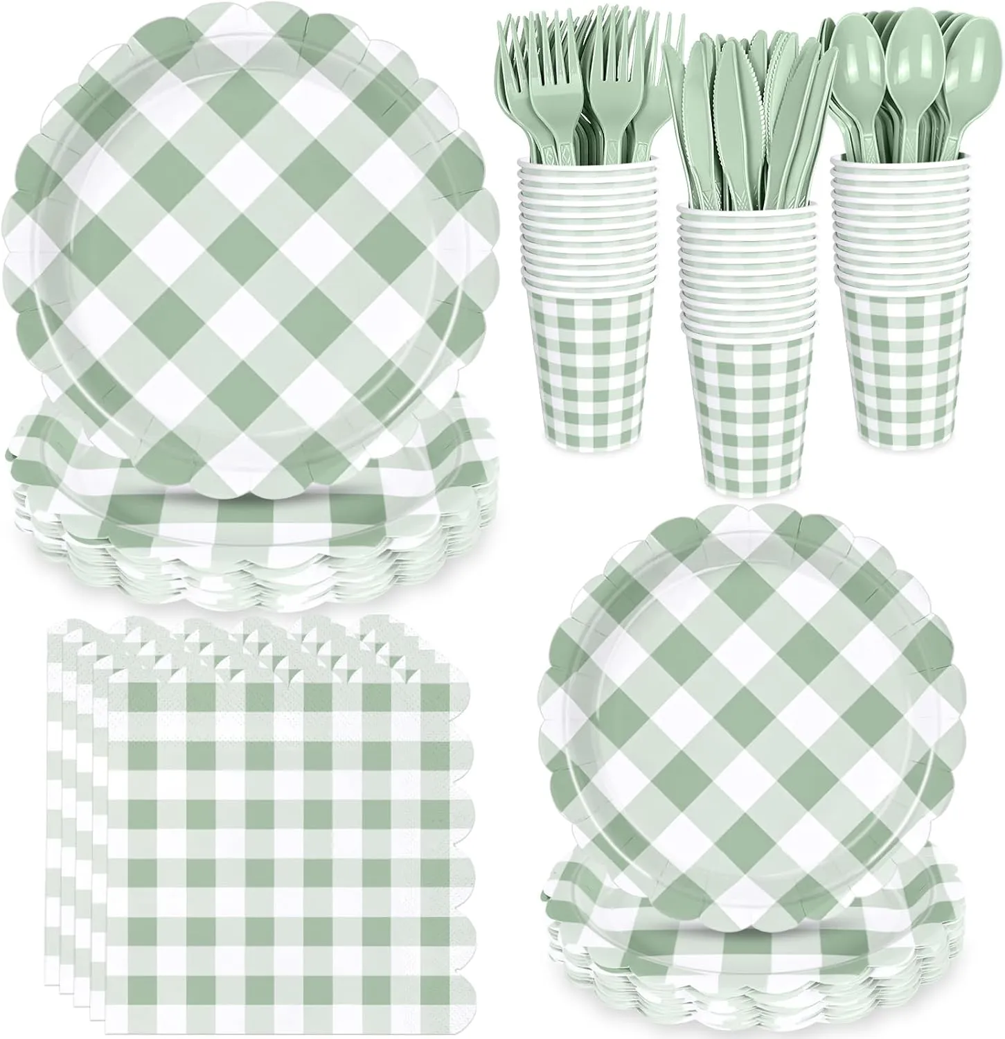 175 Pcs Sage Scalloped Gingham Party Supplies for 25 Guests, Sage and White Checkered Paper Plates, Cups and Napkins Sets for Baby & Bridal Shower, Wedding, Birthday Party, Outdoor Picnic