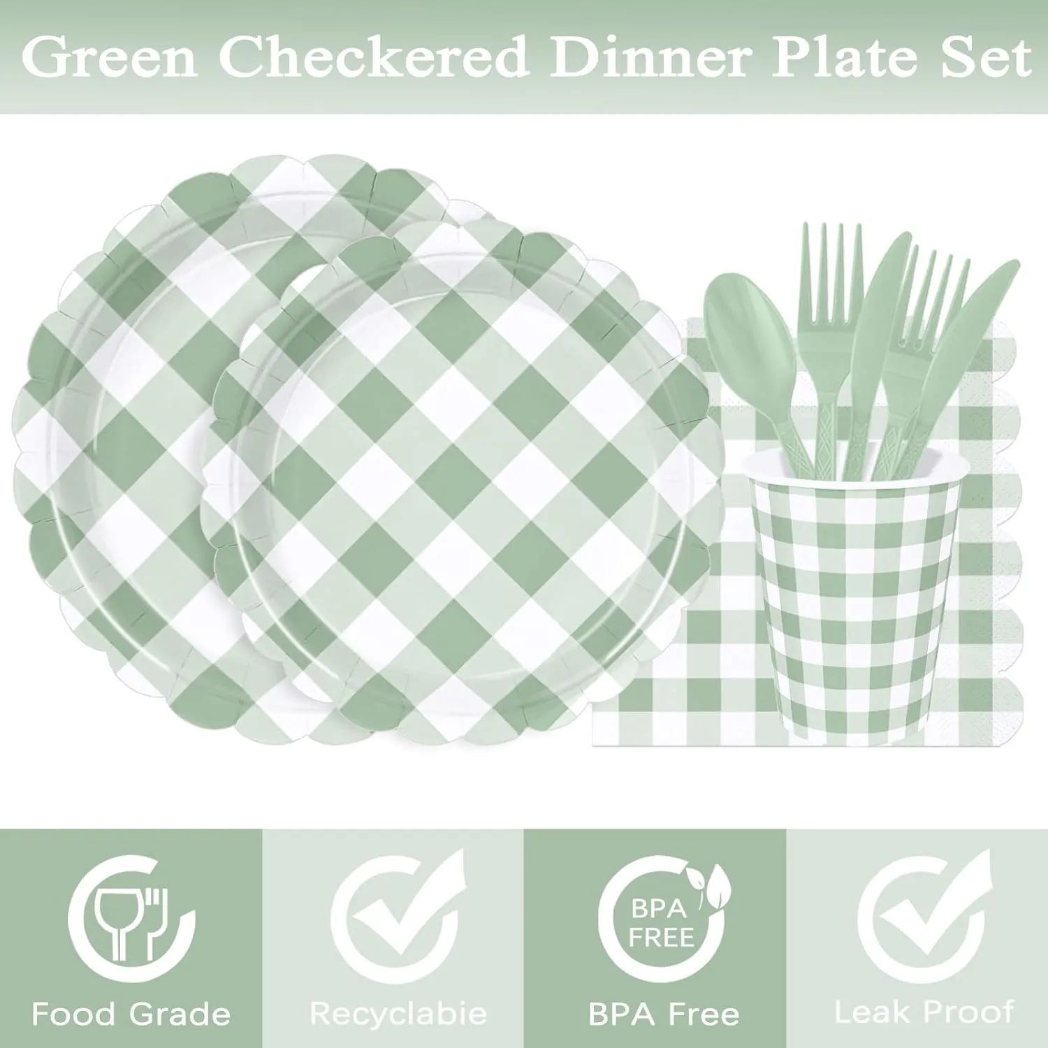 175 Pcs Sage Scalloped Gingham Party Supplies for 25 Guests, Sage and White Checkered Paper Plates, Cups and Napkins Sets for Baby & Bridal Shower, Wedding, Birthday Party, Outdoor Picnic