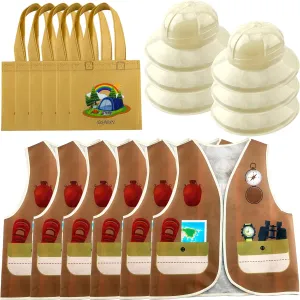 18 Pcs Kids Explorer Costume Vest Set Include 6 Explorer Safari Vest 6 Plastic Adventure Hats 6 Tote Bag for Boys Girls Outdoor Activity Jungle Party Supplies Favors