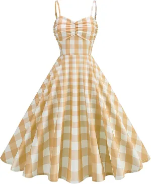 1950s Retro Plaid Dress for Women 60s Rockabilly Homecoming Pinup Gingham Dresses Vintage Spaghetti Strap Hepburn Dress