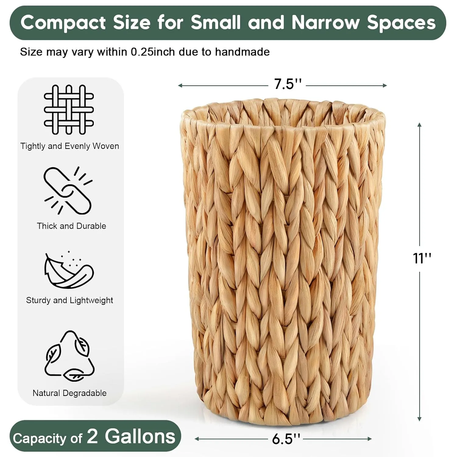 2 Gallon Wicker Trash Can, Woven Water Hyacinth Wicker Waste Basket for Bathroom, Small Trash Can for Bedroom, Round Garbage Can for Boho Decor Bedroom Bathroom