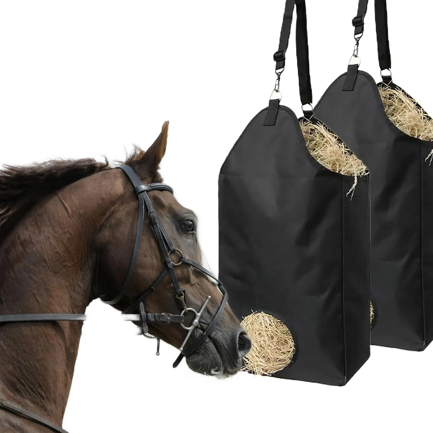 2 Pcs Goat Hay Feeder Horse Hay Bags Large Capacity Feeding Bag, Hay Nets Slow Feed Hay Bag Less Hay Waste Tote Bag with Metal Ring and Adjustable Strap for Sheep, Goats, Horses
