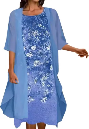 2 Pieces Mother of The Bride Dresses for Wedding with Jacket Knee Length Lace Applique Wedding Guest Dresses for Women