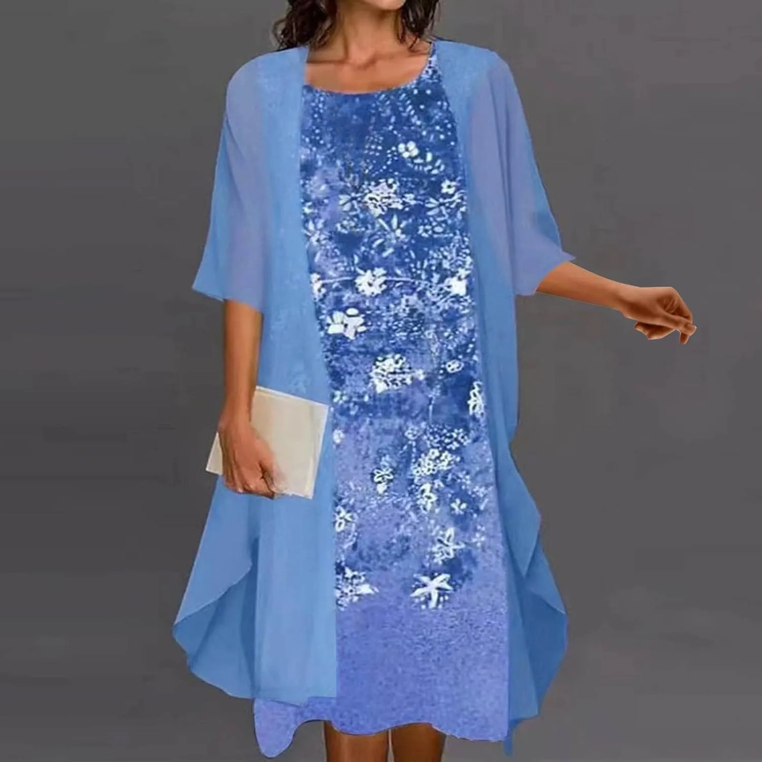 2 Pieces Mother of The Bride Dresses for Wedding with Jacket Knee Length Lace Applique Wedding Guest Dresses for Women