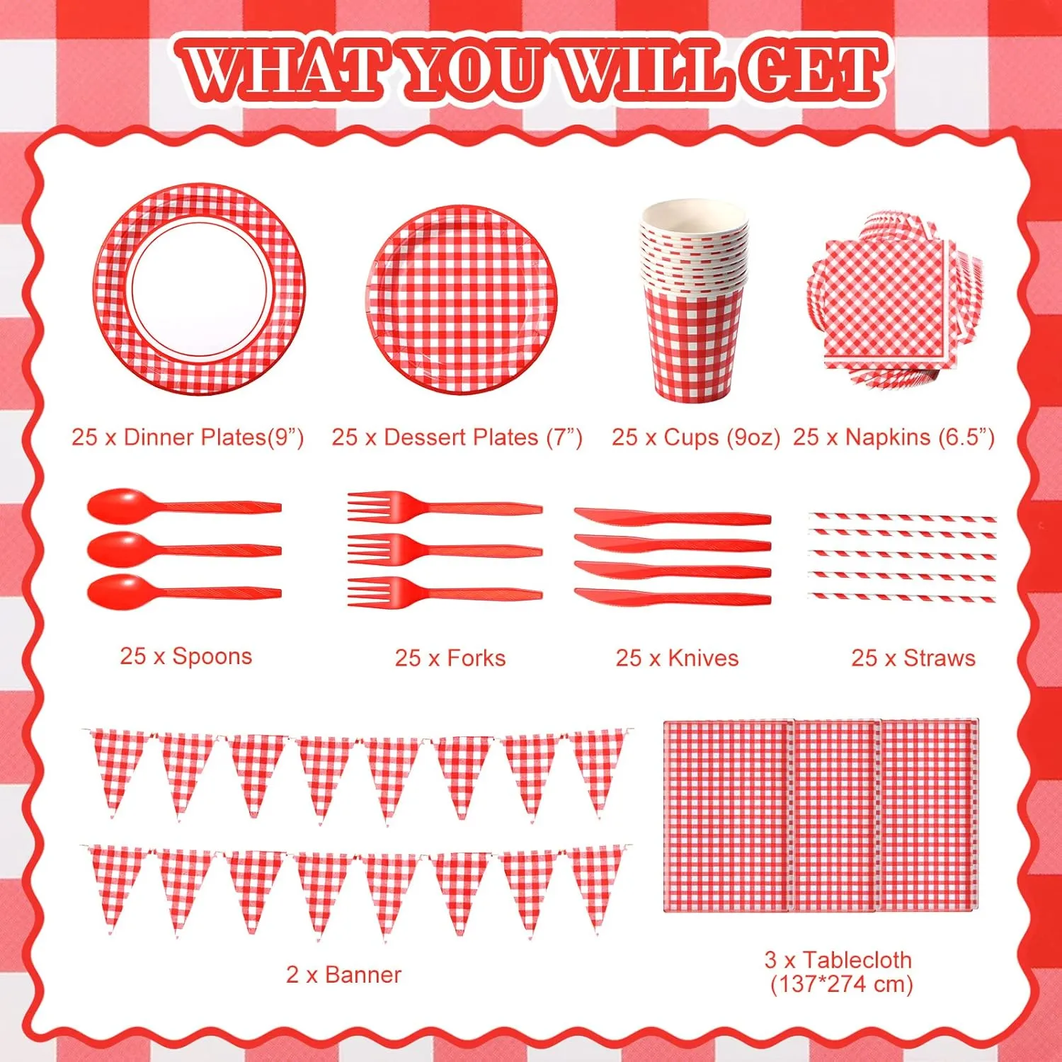 205 Pcs Party Supplies for 25 Guest Checkered Plaid Tablecloth Pennant Banner Plate Cup Napkin Cutlery and Straw for Birthday Family Dinner Picnic BBQ Birthday Party Decoration(Red and White)
