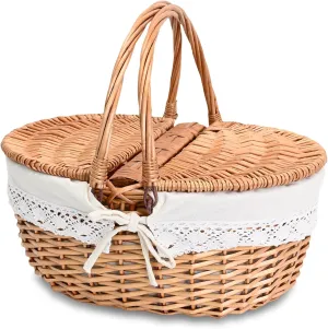 20L Wicker Picnic Basket with Removable Liner Empty Picnic Baskets with Lid, Picnic Hamper with Foldable Handles for Picnic, Natural Color, Large