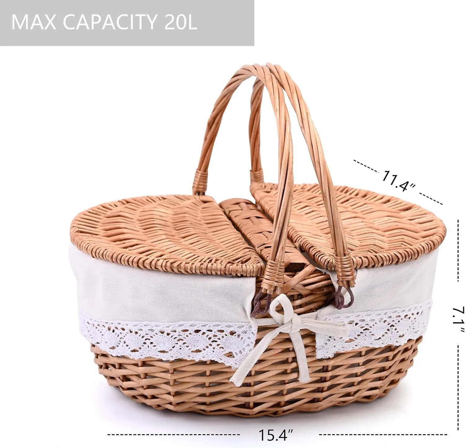 20L Wicker Picnic Basket with Removable Liner Empty Picnic Baskets with Lid, Picnic Hamper with Foldable Handles for Picnic, Natural Color, Large