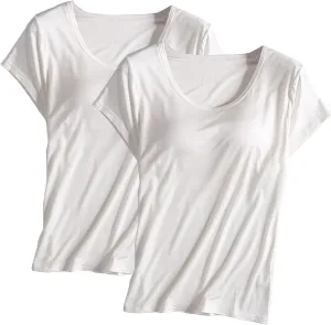 2PCS T-Shirt with Built-in Bra Women Workout Yoga Tops Short Sleeve Padded Bras Soft Pajama Plus Size Athletic Shirts