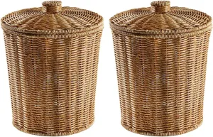 2X Woven Basket Trash Can Round Rattan Waste Basket with Lid Planter Woven Storage Baskets Wicker Garbage Bin