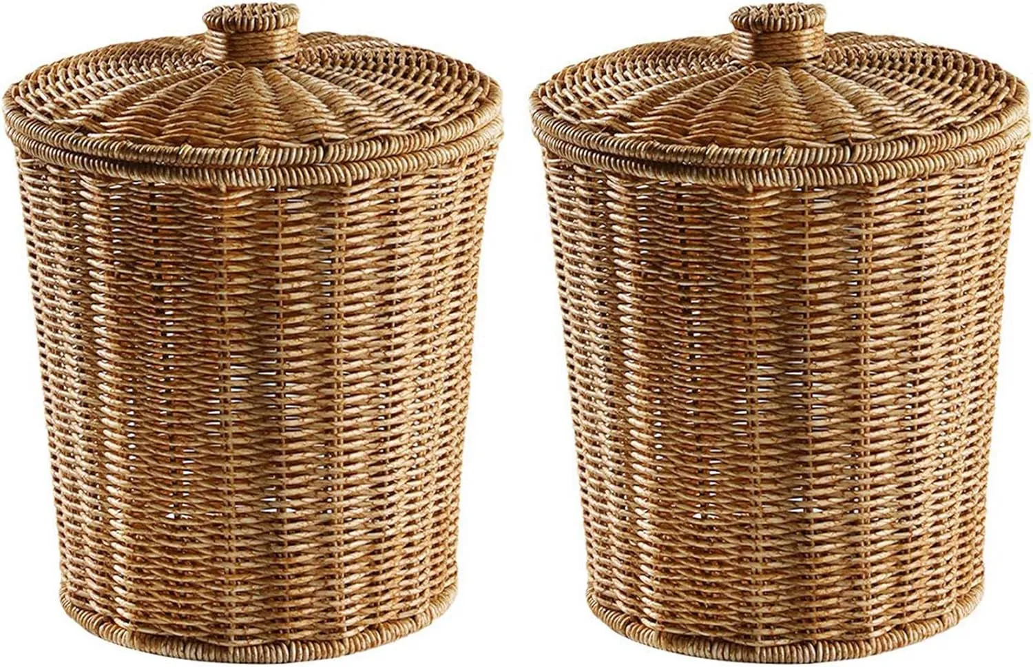 2X Woven Basket Trash Can Round Rattan Waste Basket with Lid Planter Woven Storage Baskets Wicker Garbage Bin