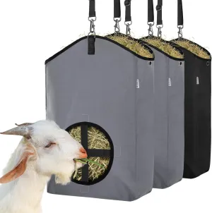 3 Packs Goat Hay Feeder,Hay Bags for Goats,Horses,Sheep,Premium 600D Oxford Cloth,with Metal Fastener and Adjustable Open Feed Hole for Slow Feeding. (1 Black 2Grey)