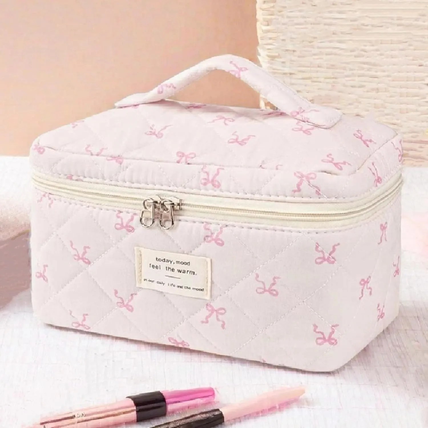3 Pcs Quilted Makeup Bag Set, Bow, Coquette, Floral - Large Toiletry Cosmetic Organizer for Women & Girls (I-3PCS)