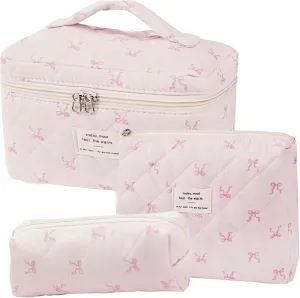 3 Pcs Quilted Makeup Bag Set, Bow, Coquette, Floral - Large Toiletry Cosmetic Organizer for Women & Girls (I-3PCS)