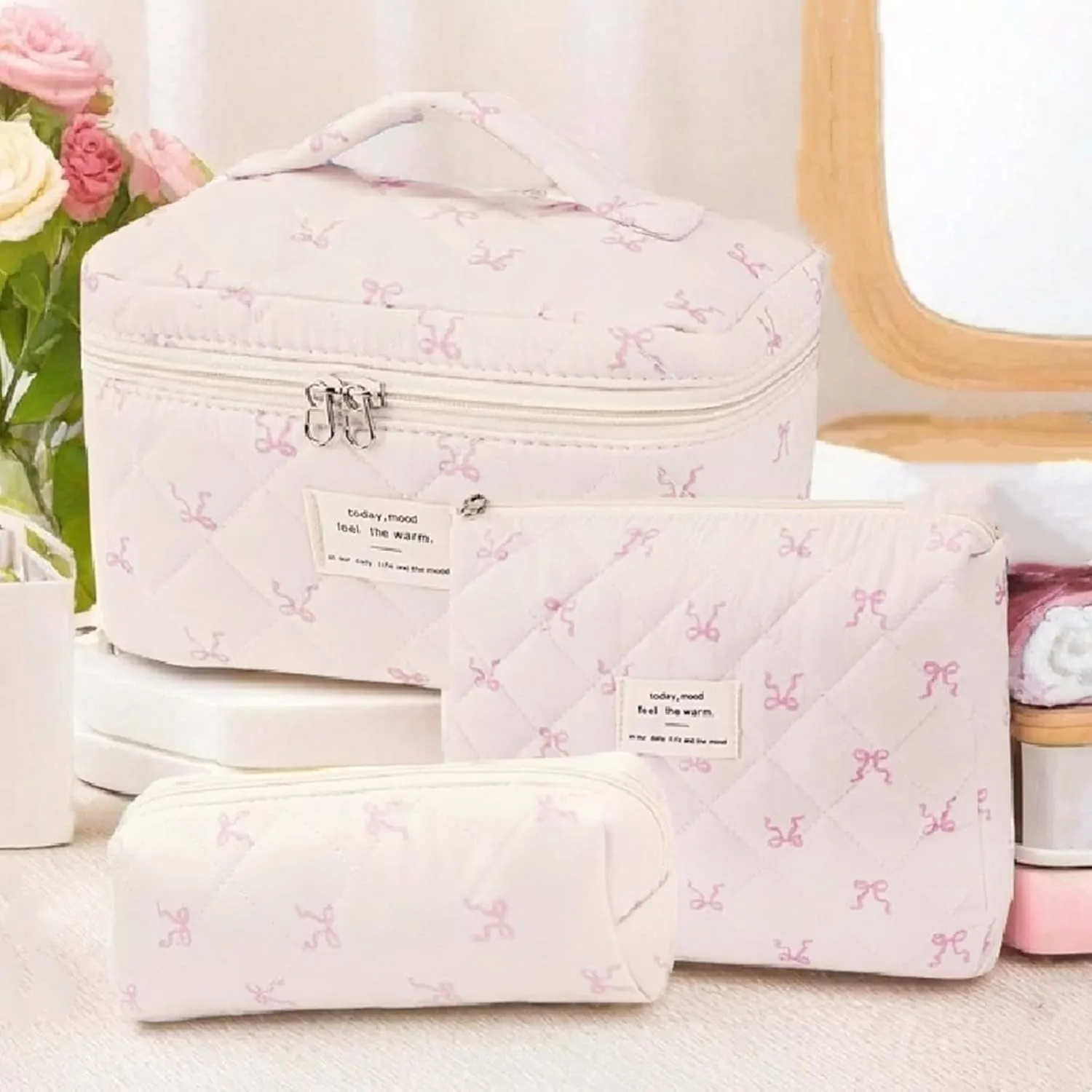 3 Pcs Quilted Makeup Bag Set, Bow, Coquette, Floral - Large Toiletry Cosmetic Organizer for Women & Girls (I-3PCS)