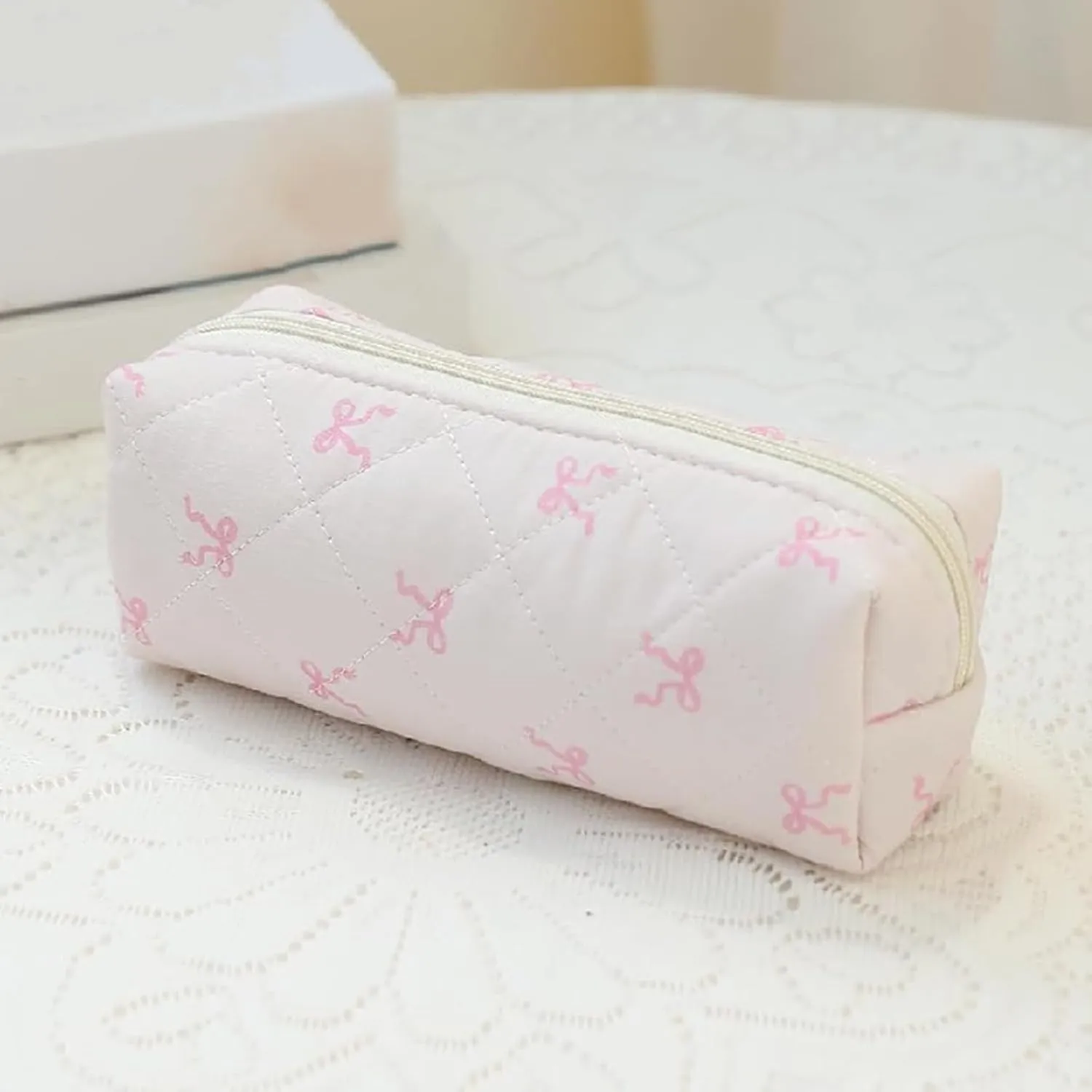 3 Pcs Quilted Makeup Bag Set, Bow, Coquette, Floral - Large Toiletry Cosmetic Organizer for Women & Girls (I-3PCS)