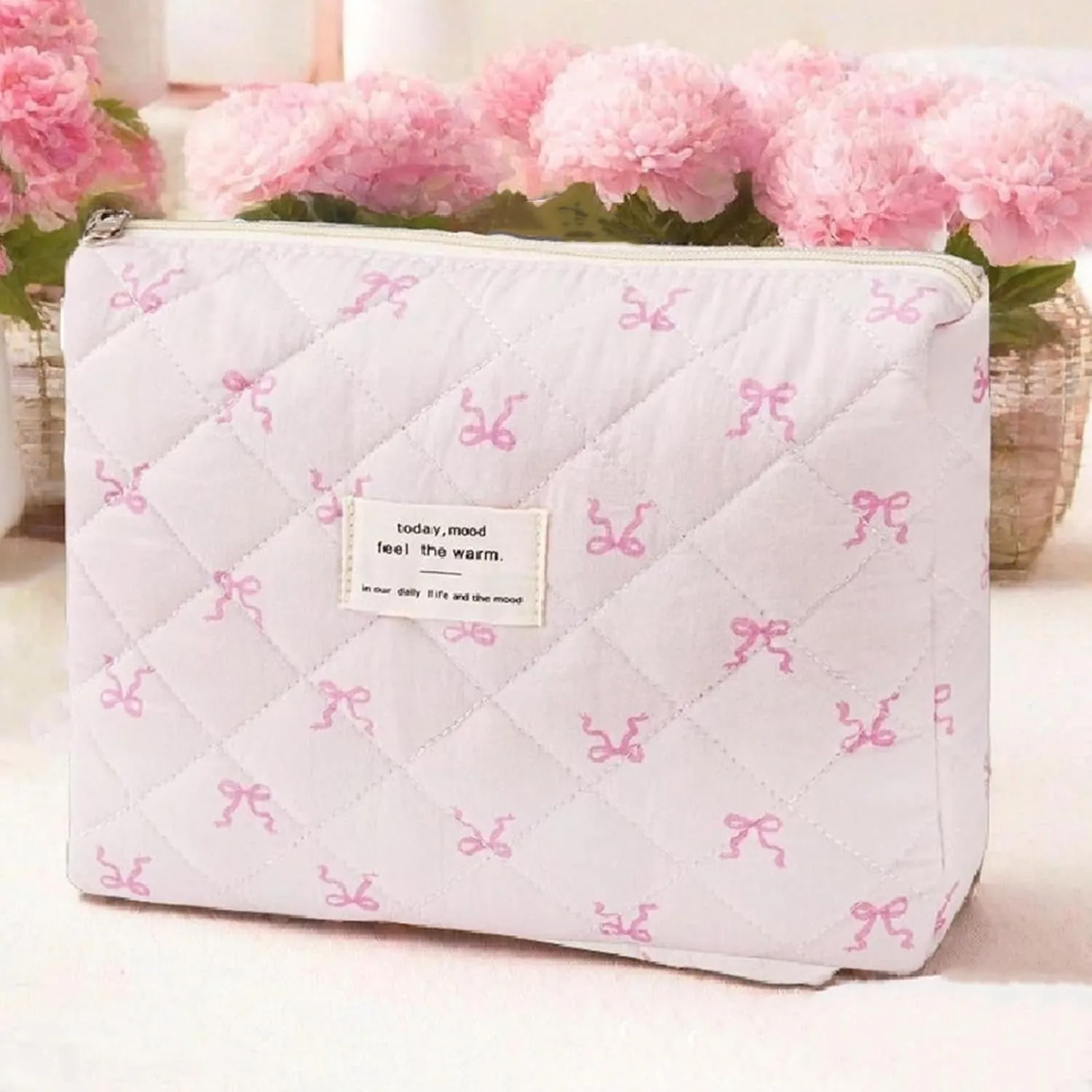3 Pcs Quilted Makeup Bag Set, Bow, Coquette, Floral - Large Toiletry Cosmetic Organizer for Women & Girls (I-3PCS)